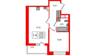 Квартира в ЖК Астра Континенталь, 1 комнатная, 37.44 м², 10 этаж