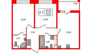 Квартира в ЖК Астра Континенталь, 2 комнатная, 51.81 м², 12 этаж