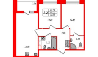 Квартира в ЖК Астра Континенталь, 2 комнатная, 55.02 м², 2 этаж