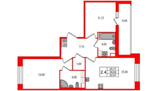 Квартира в ЖК Астра Континенталь, 2 комнатная, 59.59 м², 4 этаж
