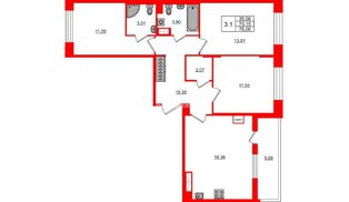 Квартира в ЖК Астра Континенталь, 3 комнатная, 73.15 м², 11 этаж