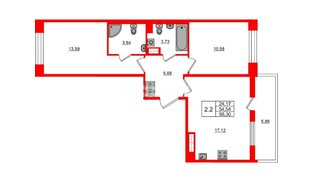 Квартира в ЖК Астра Континенталь, 2 комнатная, 54.54 м², 10 этаж
