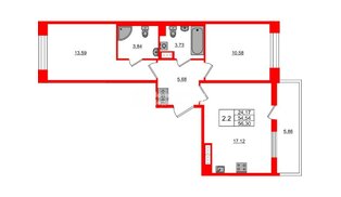 Квартира в ЖК Астра Континенталь, 2 комнатная, 54.54 м², 11 этаж