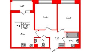 Квартира в ЖК Астра Континенталь, 2 комнатная, 51.6 м², 2 этаж