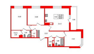 Квартира в ЖК Астра Континенталь, 3 комнатная, 89.67 м², 3 этаж