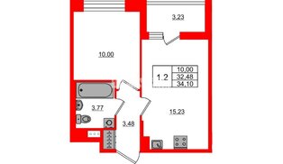 Квартира в ЖК Астра Континенталь, 1 комнатная, 32.48 м², 11 этаж