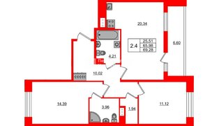 Квартира в ЖК Астра Континенталь, 2 комнатная, 65.98 м², 3 этаж