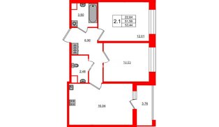Квартира в ЖК Астра Континенталь, 2 комнатная, 51.56 м², 2 этаж