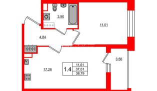 Квартира в ЖК Астра Континенталь, 1 комнатная, 37.01 м², 2 этаж