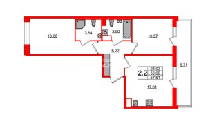 Квартира в ЖК Астра Континенталь, 2 комнатная, 55 м², 10 этаж