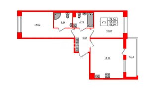 Квартира в ЖК Астра Континенталь, 2 комнатная, 55.78 м², 2 этаж