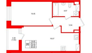 Квартира в ЖК «Аквилон Верба», 1 комнатная, 44.78 м², 2 этаж