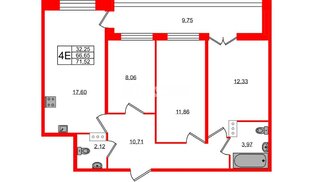Квартира в ЖК Рождественский квартал, 3 комнатная, 71.52 м², 3 этаж