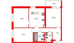 Квартира в ЖК 'OKLA', 3 комнатная, 66.32 м², 2 этаж