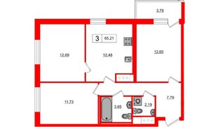 Квартира в ЖК 'OKLA', 3 комнатная, 65.21 м², 10 этаж