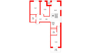 Квартира в ЖК «Северный ветер», 3 комнатная, 93.53 м², 3 этаж