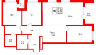 Квартира в ЖК «Северный ветер», 3 комнатная, 106.58 м², 5 этаж