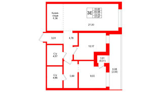 Квартира в ЖК Северный ветер, 2 комнатная, 77.87 м², 3 этаж