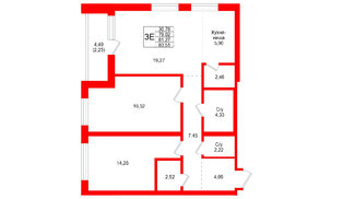 Квартира в ЖК Северный ветер, 2 комнатная, 83.51 м², 4 этаж
