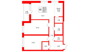 Квартира в ЖК Северный ветер, 2 комнатная, 83.51 м², 7 этаж