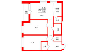 Квартира в ЖК Северный ветер, 2 комнатная, 83.51 м², 12 этаж