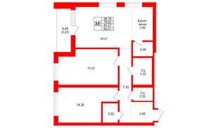 Квартира в ЖК Северный ветер, 2 комнатная, 83.51 м², 14 этаж