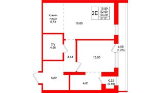 Квартира в ЖК «Северный ветер», 1 комнатная, 57.61 м², 2 этаж
