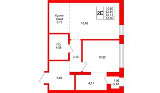 Квартира в ЖК «Северный ветер», 1 комнатная, 53.66 м², 6 этаж