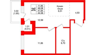 Квартира в ЖК «Северный ветер», 1 комнатная, 44.59 м², 3 этаж