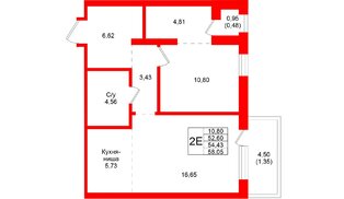 Квартира в ЖК «Северный ветер», 1 комнатная, 58.05 м², 5 этаж