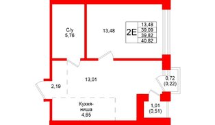 Квартира в ЖК «Северный ветер», 1 комнатная, 40.82 м², 12 этаж