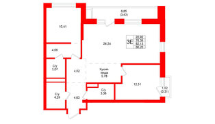Квартира в ЖК Северный ветер, 2 комнатная, 86.26 м², 9 этаж