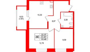 Квартира в ЖК «Аквилон РекаПарк», 2 комнатная, 53.48 м², 1 этаж