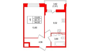 Квартира в ЖК «Аквилон РекаПарк», 1 комнатная, 34.02 м², 6 этаж