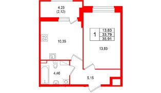 Квартира в ЖК «Аквилон РекаПарк», 1 комнатная, 35.91 м², 2 этаж