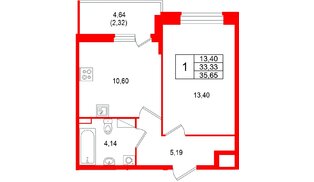 Квартира в ЖК «Аквилон РекаПарк», 1 комнатная, 35.65 м², 5 этаж