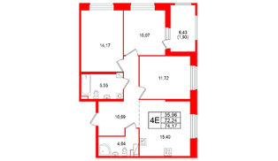 Квартира в ЖК «Аквилон RekaPark», 3 комнатная, 74.17 м², 7 этаж
