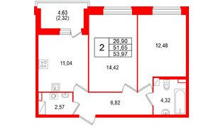 Квартира в ЖК «Аквилон РекаПарк», 2 комнатная, 53.97 м², 9 этаж