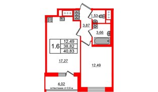Квартира в ЖК «Город звёзд», 1 комнатная, 38.82 м², 14 этаж