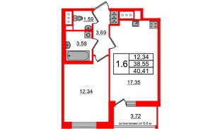 Квартира в ЖК «Город звёзд», 1 комнатная, 38.55 м², 6 этаж