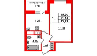 Квартира в ЖК «Город звёзд», 1 комнатная, 31.44 м², 7 этаж