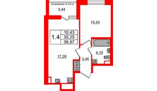 Квартира в ЖК «Город звёзд», 1 комнатная, 35.25 м², 2 этаж