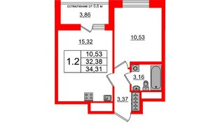 Квартира в ЖК «Город звёзд», 1 комнатная, 32.38 м², 2 этаж