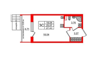 Квартира в ЖК Univer City, студия, 25.07 м², 1 этаж