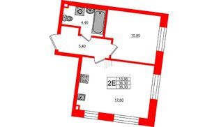 Квартира в ЖК Большая Охта, 1 комнатная, 38.3 м², 2 этаж