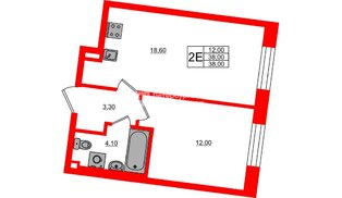 Квартира в ЖК «Большая Охта», 1 комнатная, 38 м², 2 этаж