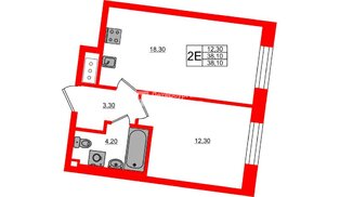 Квартира в ЖК «Большая Охта», 1 комнатная, 38.1 м², 4 этаж