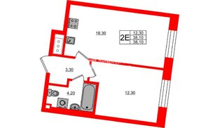 Квартира в ЖК «Большая Охта», 1 комнатная, 38.1 м², 6 этаж