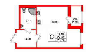 Квартира в ЖК Южная Нева, студия, 28.74 м², 18 этаж