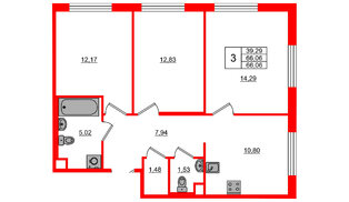 Квартира в ЖК Plus Пулковский, 3 комнатная, 66.06 м², 1 этаж
